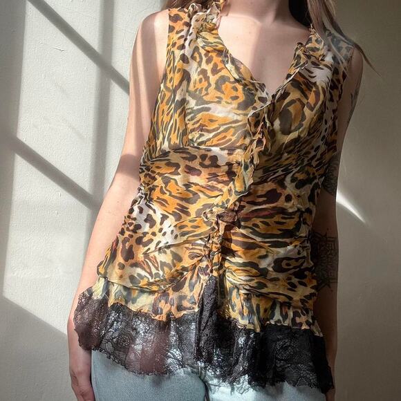 Vintage I.C.E. Cheetah Print Silk Lace Blouse Tank Women’s Small - Picture 1 of 8